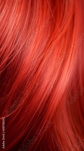 Close-up of a bunch of shiny straight hair dyed in bright red. direct pigments in hair coloring. social media content for beauty salons. hair dye color in the catalog.Generative AI