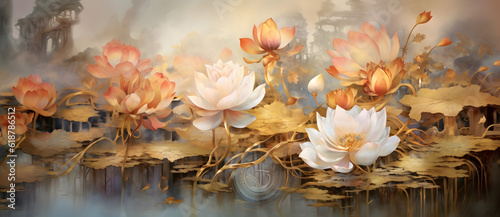 Fotografia a painting of a pond with pink water lillies Generated by AI