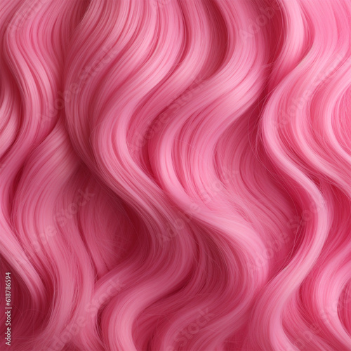 A closeup view of a bunch of shiny pink hair in a wavy style.social media content for beauty salons. hair dye color in the catalog. Generative AI