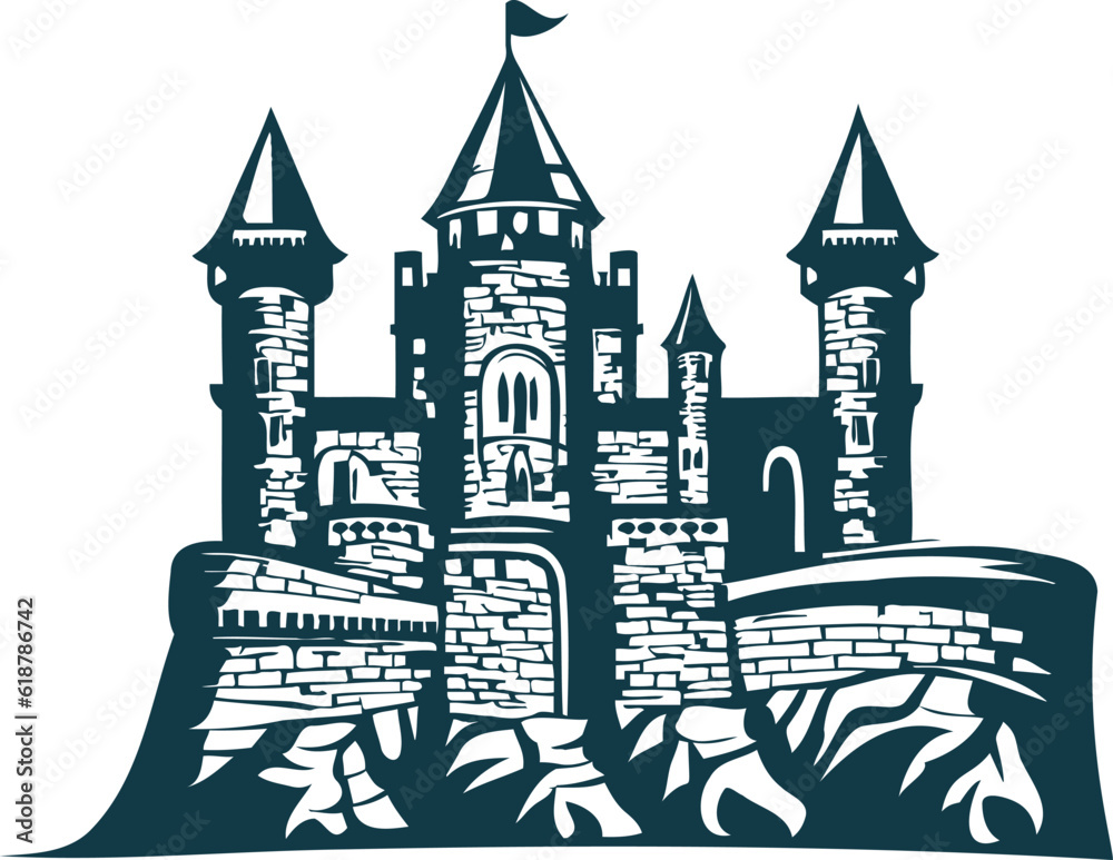 Symbolic image of a stone castle from the medieval era presented as a vector logo