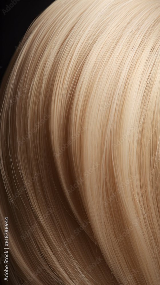 Fototapeta premium A closeup view of a bunch of shiny straight blond hair in a wavy curved style.social media content for beauty salons. hair dye color in the catalog. Generative AI