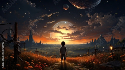 journey of a young boy in a fantasy world, illustration, background