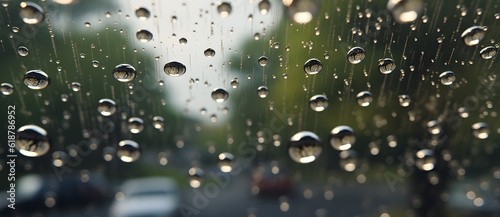 rain drops hanging from a window as cars drive past Generated by AI