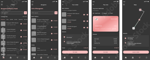 Fast Food and Hamburger take away, delivery food, Burger Restaurant Black App Ui Kit Dark Template