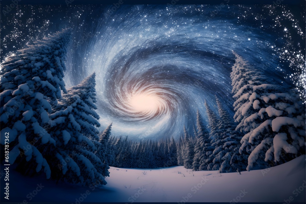 giant galaxy vortex in the sky many pine trees covered with snow on ...