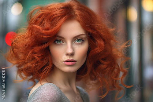 portrait of a young woman with bright red hair color on a blurred background of the street. Social media content for beauty salons. Generative AI