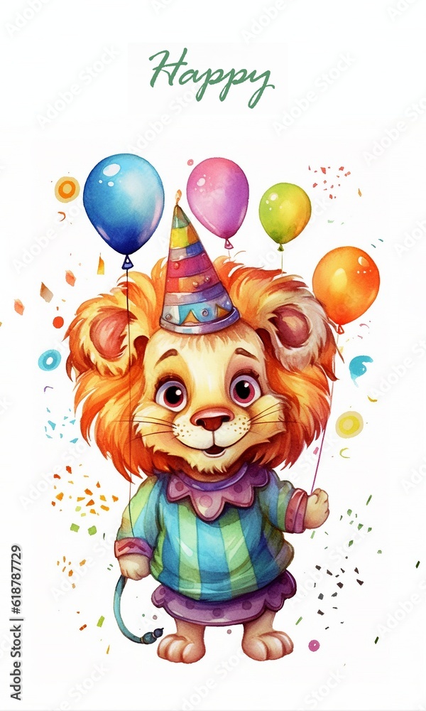 Naklejka premium A set of illustrations in a watercolor style for the design of invitation cards for a children's birthday on the theme of Leo party: with a balloon, happy, AI generated