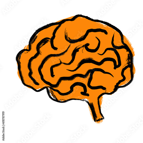 Hand drawn illustration of orange brain thinking idea intellectual. Medical medicine drawing sketch  anatomy organ body  isolated biology concept  science scientific art  isolated on white black ink l