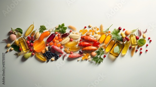 still life pills vitamins and fruits