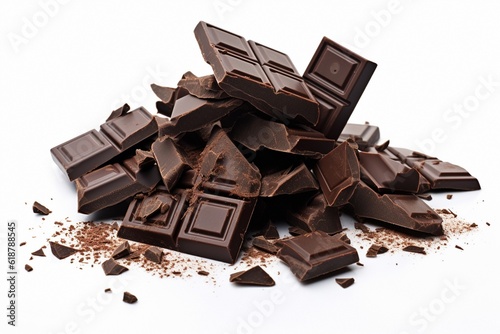 broken black chocolate with pieces, isolated on white background