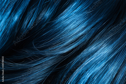 A closeup view of a bunch of shiny extreme blue hair in a wavy style.social media content for beauty salons. hair dye color in the catalog. Generative AI