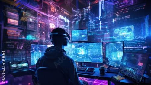 Depict a skilled cyberpunk hacker in a futuristic setting, surrounded by holographic interfaces, intricate code, and virtual reality elements photo