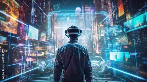 Depict a skilled cyberpunk hacker in a futuristic setting, surrounded by holographic interfaces, intricate code, and virtual reality elements