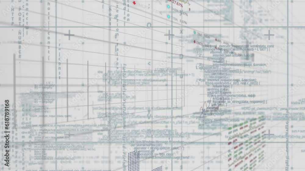 Animation of statistical and stock market data processing over grid network against grey background Animation of statistical and stock market data processing over grid network against grey background