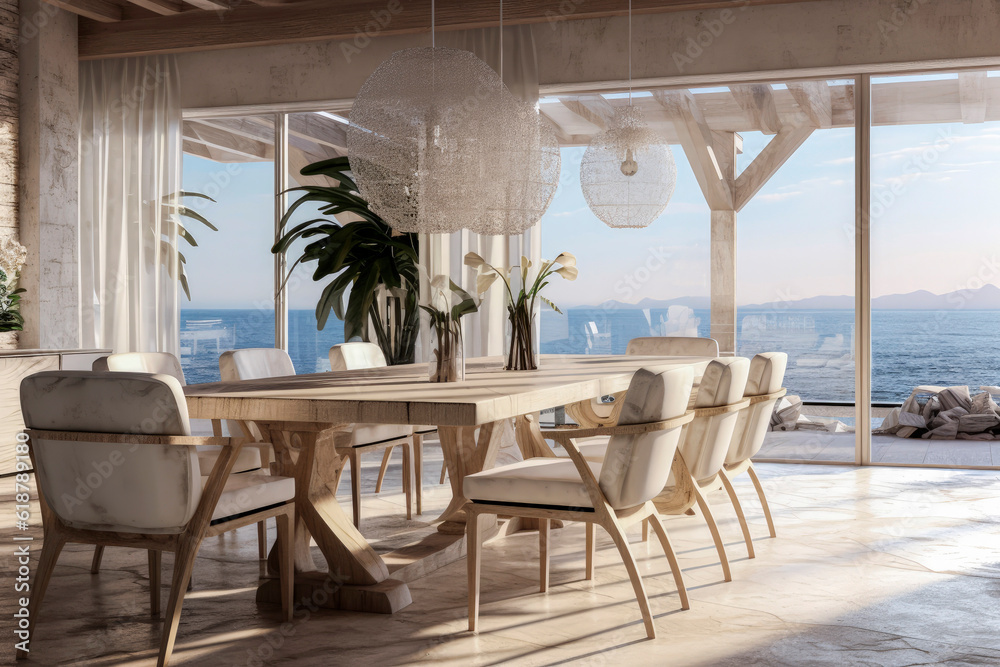 Generative AI illustration of dining room with luxury table and chairs overlooking the ocean with natural light.