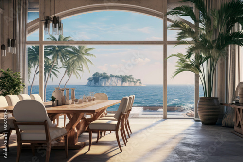 Generative AI illustration of dining room with luxury table and chairs overlooking the ocean with natural light.