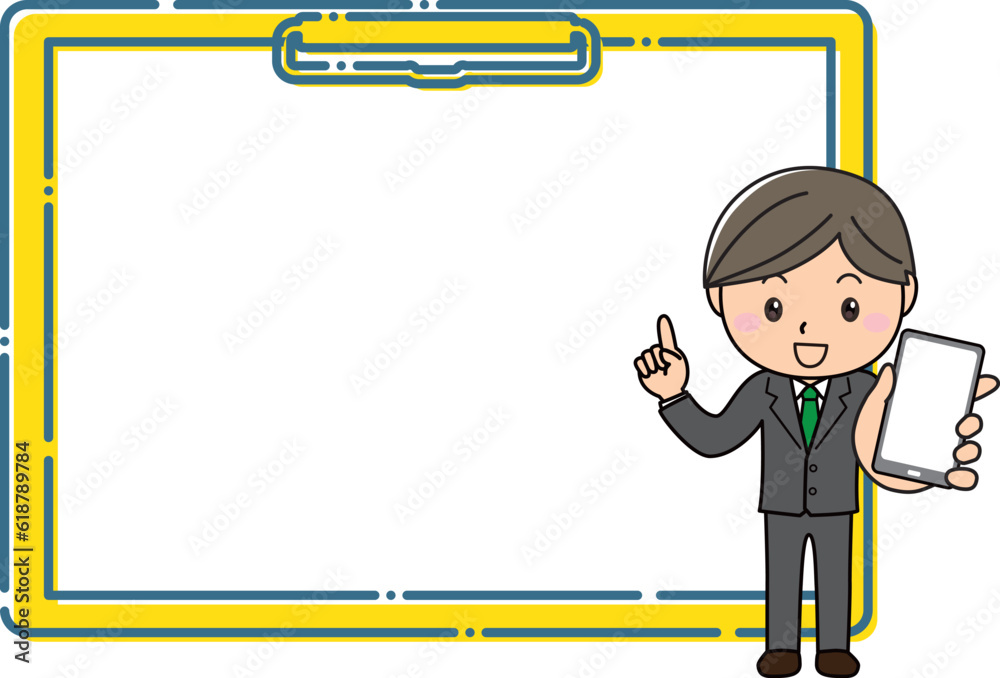 大きなクリップボードフレームの前でスマートフォンを持って説明するスーツ姿の男性 大きなクリップボードフレームの前でスマートフォンを持って説明するスーツ姿の男性
