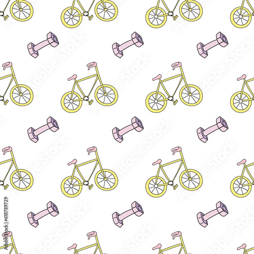 Blue pink and yellow Pattern of sport elements made in doodle style. Doodle bicycle, dumbbells. Sport object for banner textile design. Cute cartoon character.