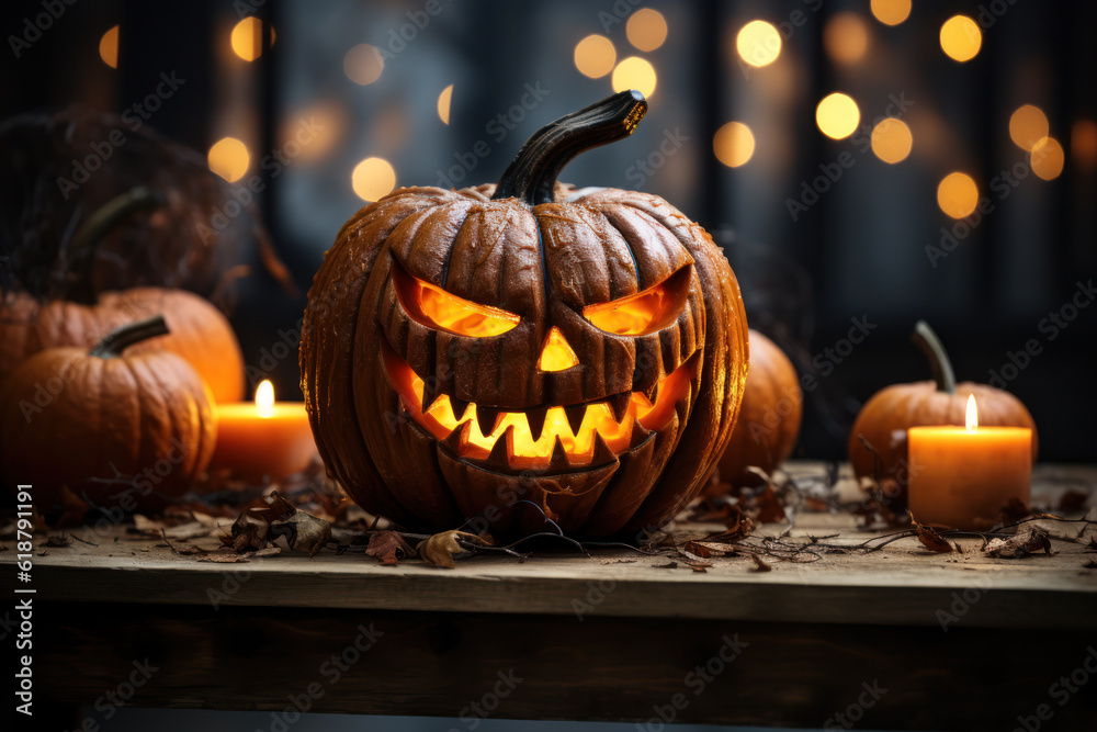 Jack o' lantern halloween pumpkin on top a rustic wooden table generative ai Jack o' lantern halloween pumpkin on top a rustic wooden table generative ai