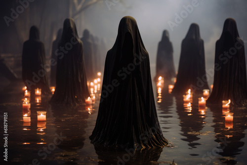 Witches and wizards meeting in a dark forest halloween  generative ai