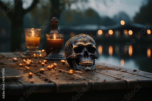 Human skull and candles on top a rustic wooden table terror halloween scene generative ai