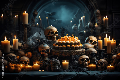 Spooky dining table decorated with skulls and candles halloween terror scene generative ai