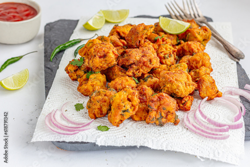 Indian Chicken Pakora With Condiments Low Angle Close Up Photo, Indian Street Food Photography