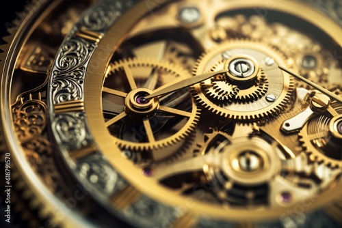 Gears and cogs in clockwork watch mechanism golden. Generative AI