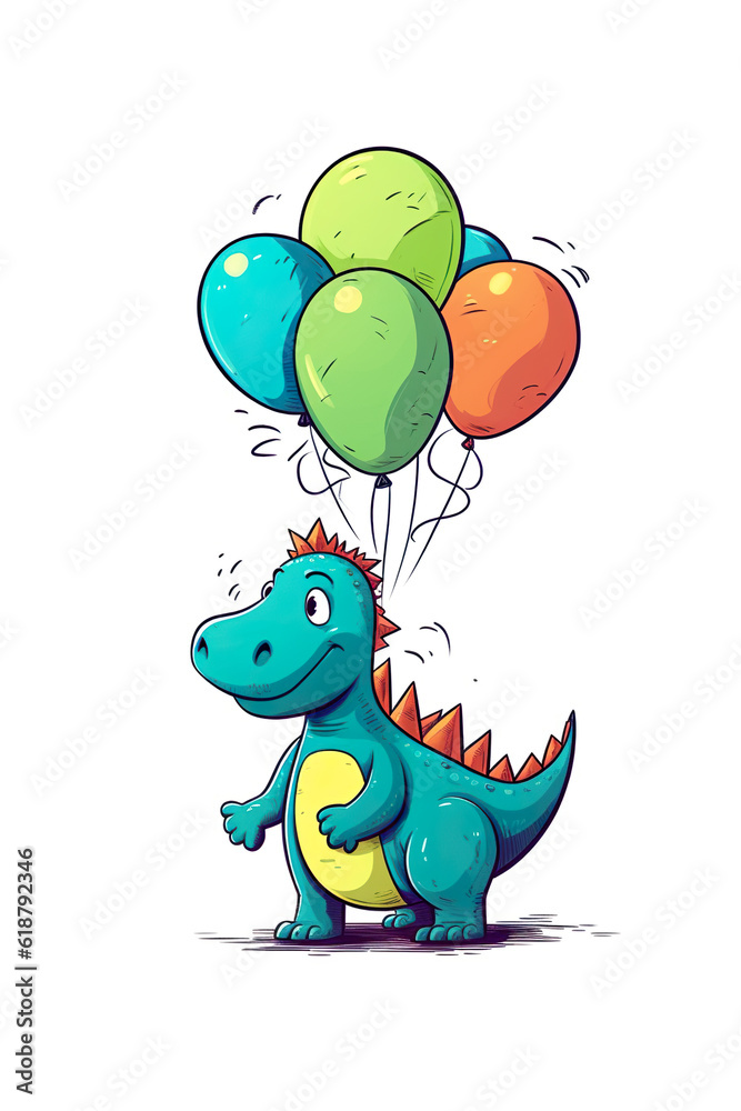Fototapeta premium A cartoon dinosaur holding a bunch of balloons. Generative AI.