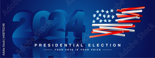 USA Presidential Election 2024. Voting Day 2024 Election in USA, Political election campaign. Modern 3d 2024 and USA flag on blue background
