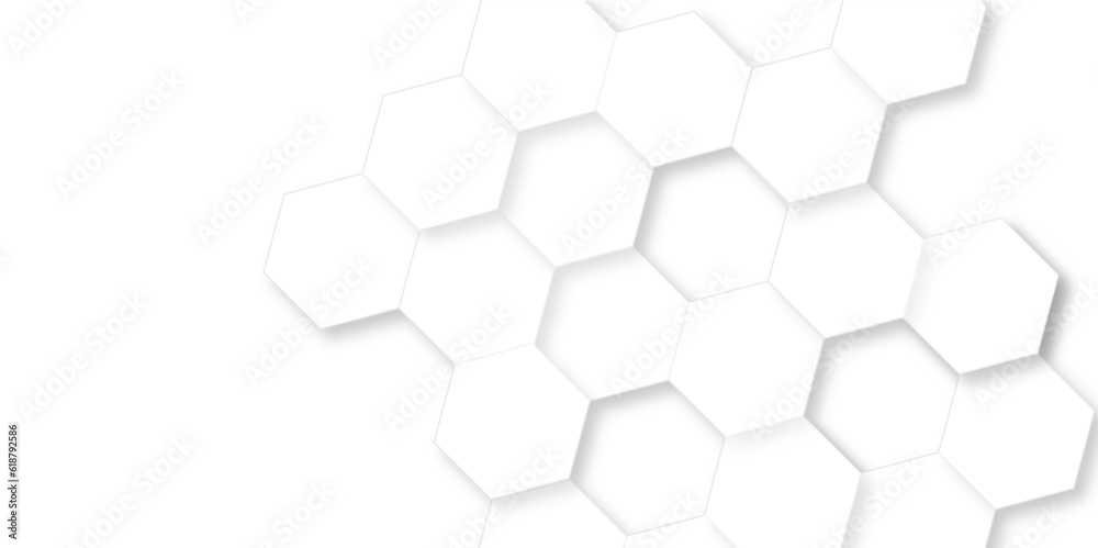 Abstract white and gray hexagon technology lines background. Abstract white and grey color hexagonal geometric background with copy space. 3D Futuristic abstract honeycomb mosaic white background.