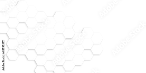 Abstract white and gray hexagon technology lines background. Abstract white and grey color hexagonal geometric background with copy space. 3D Futuristic abstract honeycomb mosaic white background.