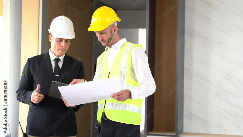 Architect caucasian man working with colleagues mixed race in the construction site. engineer architect wearing safety helmet meeting at construction site. worker Architect caucasian man working with colleagues mixed race in the construction site. engineer architect wearing safety helmet meeting at construction site. worker