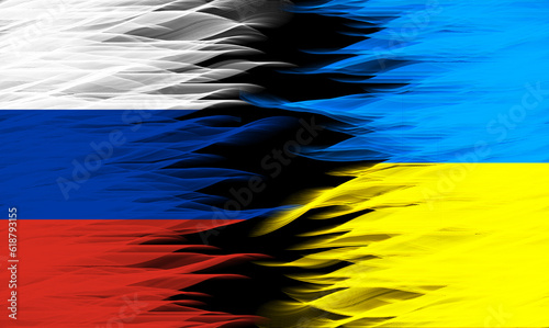 Flames blend with Ukrainian flag with Russian flag. Symbol of the Russian-Ukrainian war.