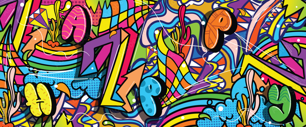 Graffiti doodle art background with vibrant colors hand-drawn style. Street art graffiti urban theme for prints, banners, and textiles in vector format
