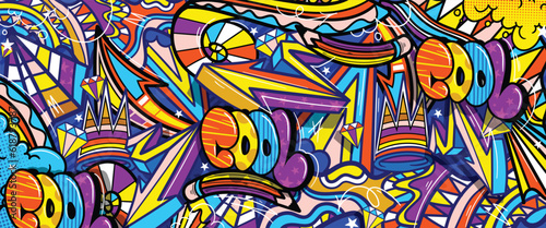 Graffiti doodle art background with vibrant colors hand-drawn style. Street art graffiti urban theme for prints, banners, and textiles in vector format