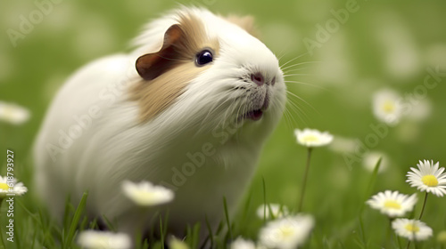Cute guinea pig with small white flowers. AI generated © May Thawtar