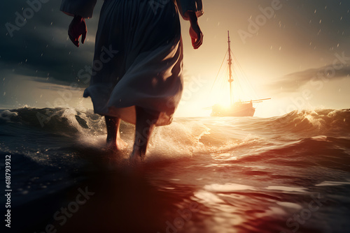 Photographie Jesus Christ walking towards the boat in the evening