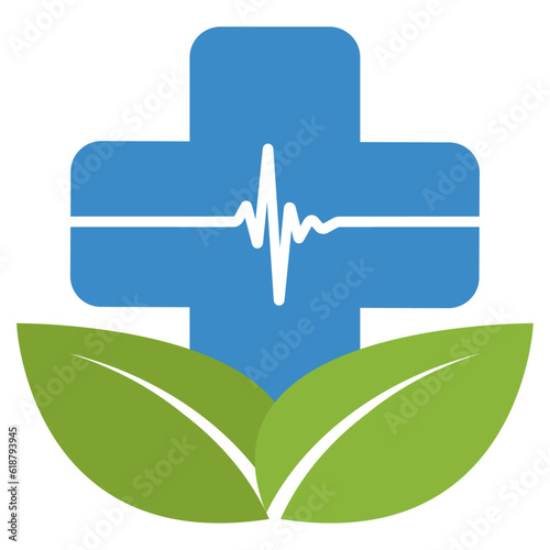 Green pharmacy logo illustration.Leaves with medical cross on a white background