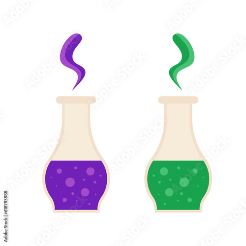 Vector illustration of two bottles with magical liquid. Poison and potion. Halloween spooky symbol. Flasks with purple and green bubbles and steam