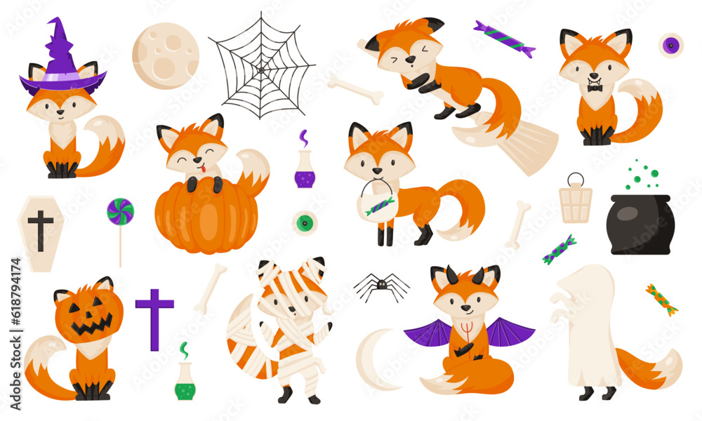 Set of funny foxes in Halloween costumes. Vector illustration of witch, Jack-o-Lantern, ghost, mummy, devil, vampire. Holiday spooky symbols - cobweb and spider, moon, candies, cauldron, potions Set of funny foxes in Halloween costumes. Vector illustration of witch, Jack-o-Lantern, ghost, mummy, devil, vampire. Holiday spooky symbols - cobweb and spider, moon, candies, cauldron, potions