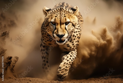 Cheetah stalking fro prey on savanna, running in the sand in africa. digital art.