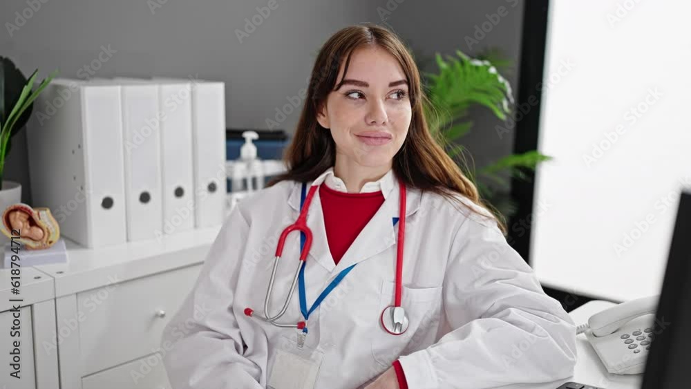 Young hispanic woman doctor sitting on table smiling at clinic Young hispanic woman doctor sitting on table smiling at clinic
