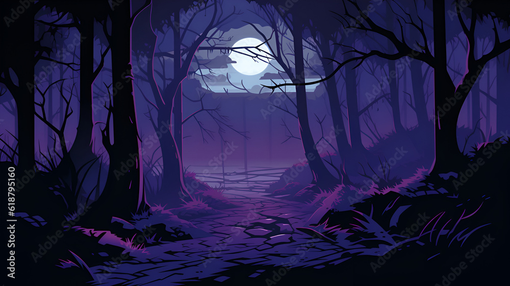 Realistic halloween background with creepy landscape of night sky fantasy forest in moonlight. AI illustration.