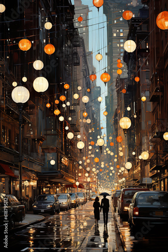 A painting of two people walking down a city street. Generative AI. © tilialucida