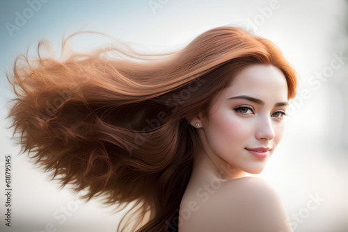 Woman Face with Healthy  Brown Flying Hair on blur  background. Shiny Healthy colored hair lock closeup. Generative AI