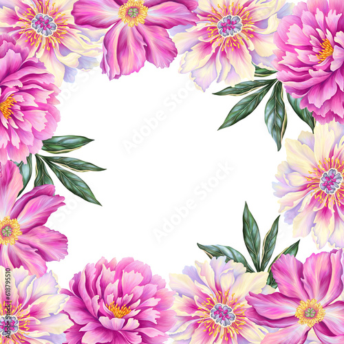 Fototapeta Naklejka Na Ścianę i Meble -  Template for text with beautiful peony. Frame or border with pink flowers with leaves. Realistic high quality botanical illustration for romantic pretty wedding invitation, greeting card, cosmetic.