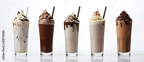 an assortment of drink in small cups with milk and chocolate syrup Generated by AI