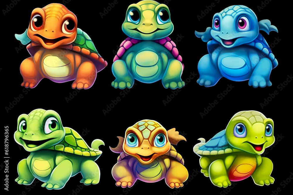 Obraz premium A group of cartoon turtles sitting next to each other. Generative AI.