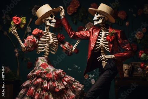Dia de los Muertos Party: Dancing skeletons celebrate, Generative AI